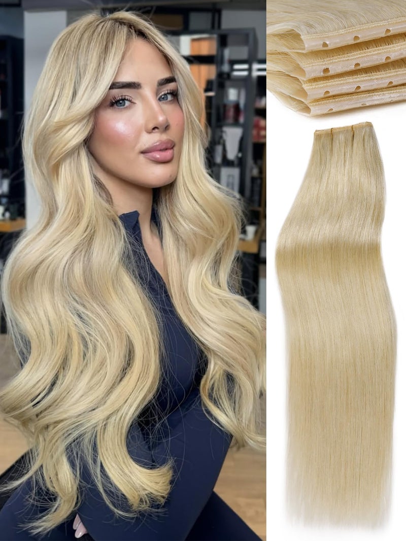 WIGNEE 20 Inch OVO Blonde 613 Human Hair Extensions 2 PCS | Warm Golden Undertones, No Glue Double Layer PU Base | Trimmable & Reusable Hair Wefts for Short/Thin Hair | Salon Quality - Image 1