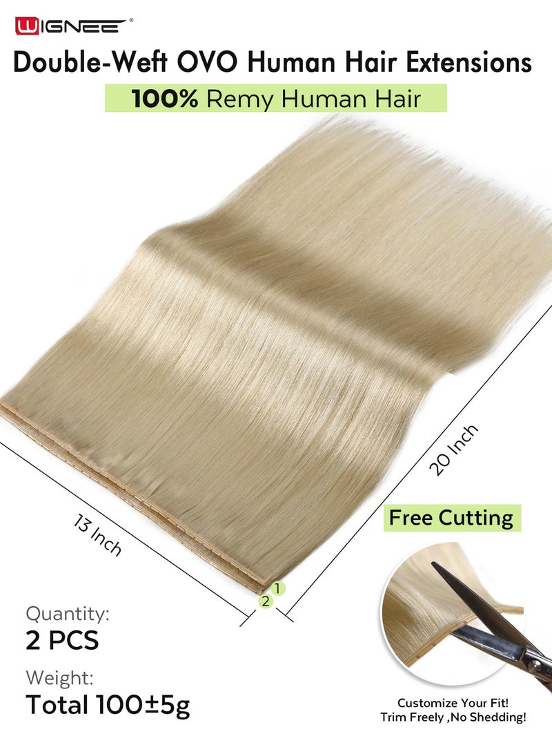 WIGNEE 20 Inch OVO Blonde 613 Human Hair Extensions 2 PCS | Warm Golden Undertones, No Glue Double Layer PU Base | Trimmable & Reusable Hair Wefts for Short/Thin Hair | Salon Quality - Image 2