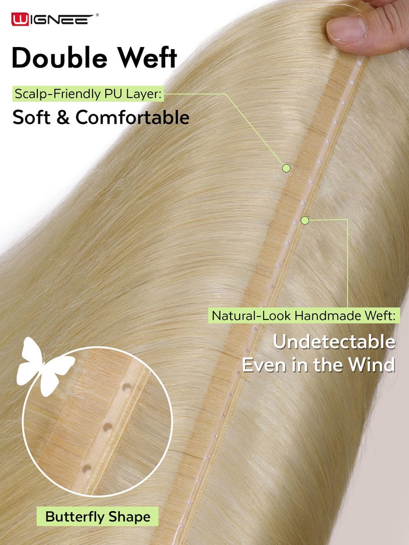 WIGNEE 20 Inch OVO Blonde 613 Human Hair Extensions 2 PCS | Warm Golden Undertones, No Glue Double Layer PU Base | Trimmable & Reusable Hair Wefts for Short/Thin Hair | Salon Quality - Image 5