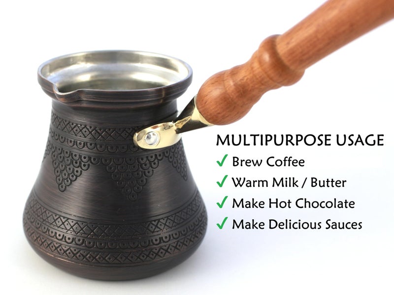 DEDE Copper - PCZ Series (Large-14fl.oz) - Thickest Solid Copper Engraved/Hammered Turkish Greek Arabic Coffee Pot with Wooden Handle, Stovetop Coffee Maker Cezve Jezve Jazva Ibrik Briki (Antique) - Image 3
