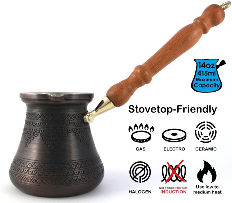DEDE Copper - PCZ Series (Large-14fl.oz) - Thickest Solid Copper Engraved/Hammered Turkish Greek Arabic Coffee Pot with Wooden Handle, Stovetop Coffee Maker Cezve Jezve Jazva Ibrik Briki (Antique) - Image 2