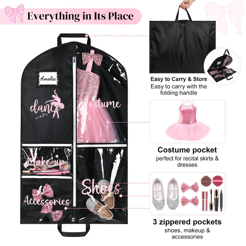 DEEKA Dance Garment Bag for Hanging Clothes with Zipper Pockets Dance Accessories Essentials Uniform Costume 40 Inch Dress Bags for Dance Competition Girls (Black,Pink-Dance) - Image 3
