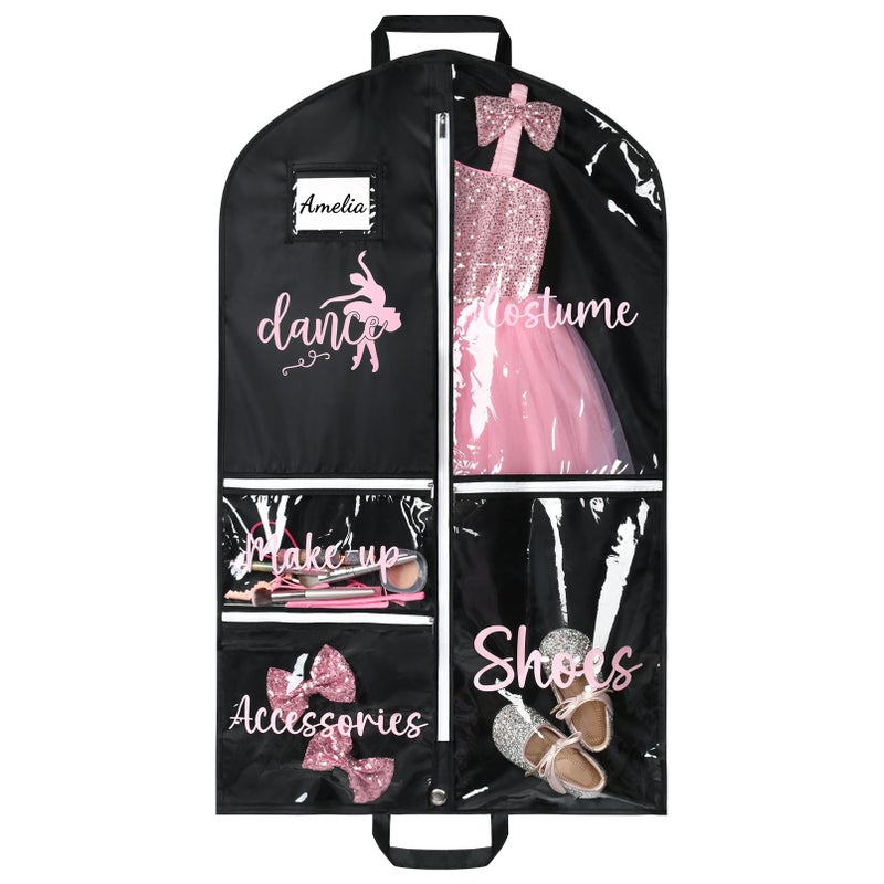 DEEKA Dance Garment Bag for Hanging Clothes with Zipper Pockets Dance Accessories Essentials Uniform Costume 40 Inch Dress Bags for Dance Competition Girls (Black,Pink-Dance) - Image 1