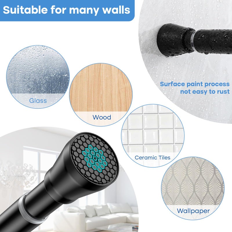 QINGYUN Shower Curtain Rod 45-77 Inch Black Shower Tension Rod Adjustable Curtain Rod No Drilling Tension Curtain Shower Rods for Bathroom Windows - Image 4