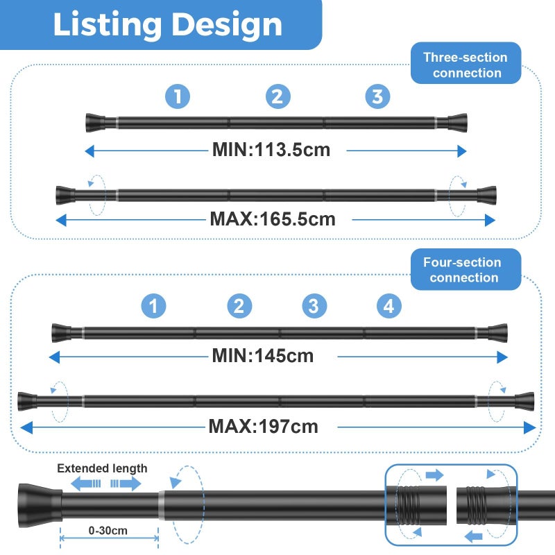 QINGYUN Shower Curtain Rod 45-77 Inch Black Shower Tension Rod Adjustable Curtain Rod No Drilling Tension Curtain Shower Rods for Bathroom Windows - Image 3