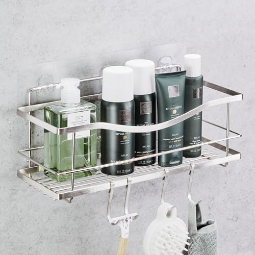 KINCMAX Premium Shower Caddy  Adhesive Bathroom Shower Organizer and Storage w 4 Hooks No Drill Shower Shelves for Inside Shower Rustproof Stainless Steel Shower Rack Accessories Holder Black