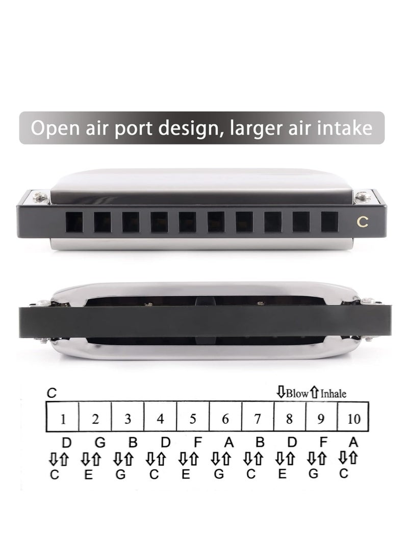 Swan - Blues Harmonica Mouth Organ 10 Hole C Key with Case, Diatonic Harmonica Gift for Professional Player, Beginner, Students gifts, Adult, Friends, Stainless Steel Silver - Image 1