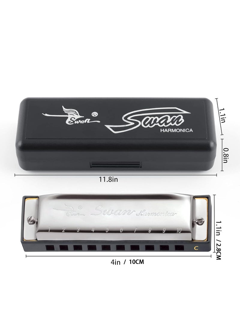 Swan - Blues Harmonica Mouth Organ 10 Hole C Key with Case, Diatonic Harmonica Gift for Professional Player, Beginner, Students gifts, Adult, Friends, Stainless Steel Silver - Image 1