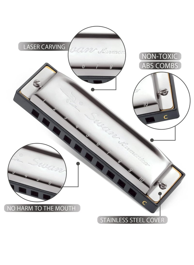 Swan - Blues Harmonica Mouth Organ 10 Hole C Key with Case, Diatonic Harmonica Gift for Professional Player, Beginner, Students gifts, Adult, Friends, Stainless Steel Silver - Image 1