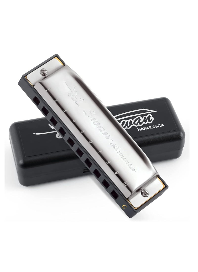 Swan - Blues Harmonica Mouth Organ 10 Hole C Key with Case, Diatonic Harmonica Gift for Professional Player, Beginner, Students gifts, Adult, Friends, Stainless Steel Silver - Image 1