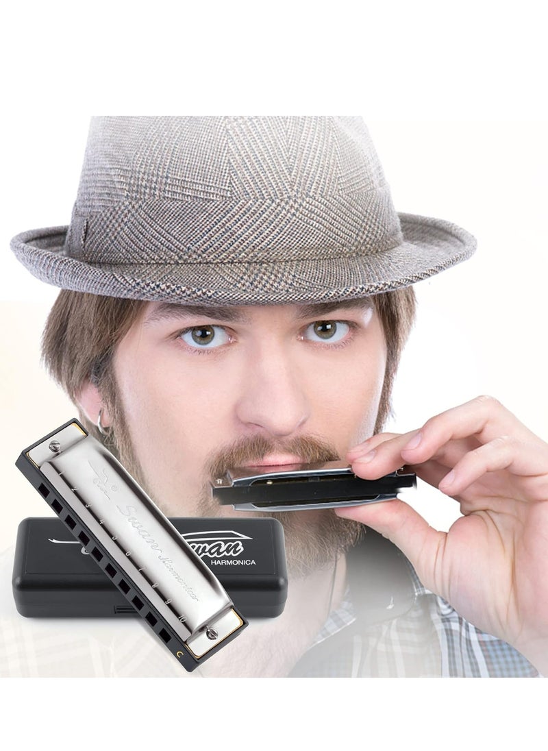 Swan - Blues Harmonica Mouth Organ 10 Hole C Key with Case, Diatonic Harmonica Gift for Professional Player, Beginner, Students gifts, Adult, Friends, Stainless Steel Silver - Image 1