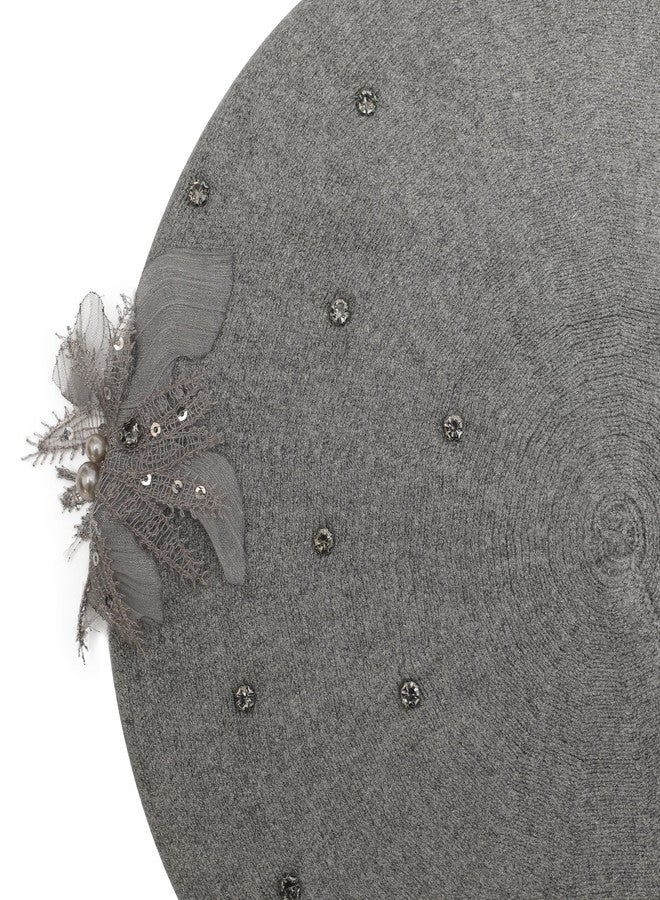 ZLYC Womens French Beret hat, Reversible Solid Color Cashmere Mosaic Warm Beret Cap for Girls, Bead Flower Gray, One Size - Image 4