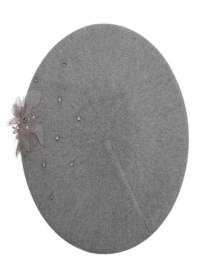 ZLYC Womens French Beret hat, Reversible Solid Color Cashmere Mosaic Warm Beret Cap for Girls, Bead Flower Gray, One Size - Image 5