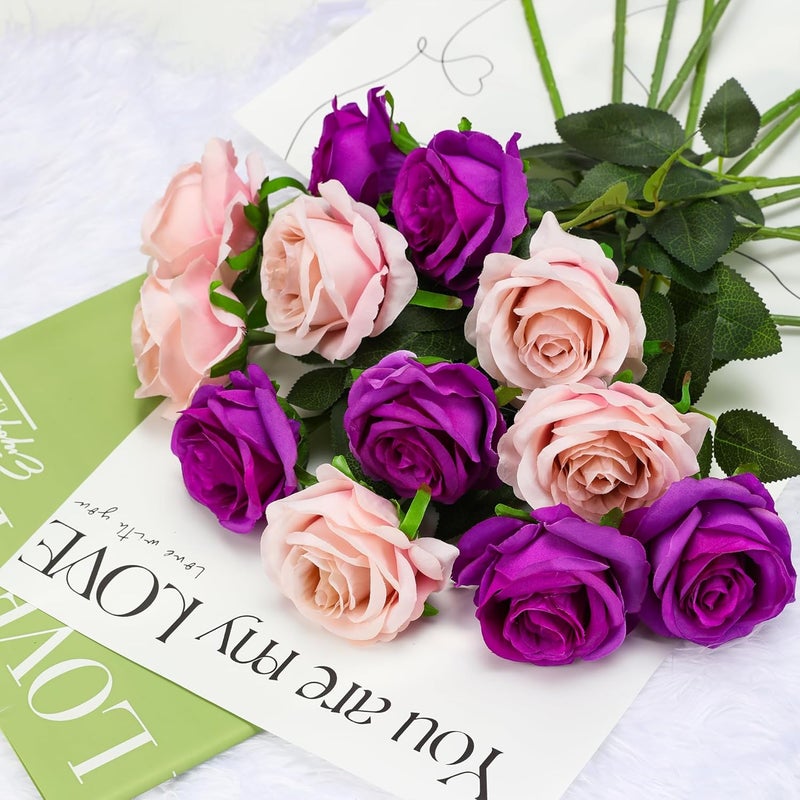 SLASA Artificial Rose Flowers 10 PCS Purple 19.68x3.15 Inch Faux Silk Long Stem Bouquet Wedding Decor Centerpiece Home Hotel Office Floral Arrangement - Image 3