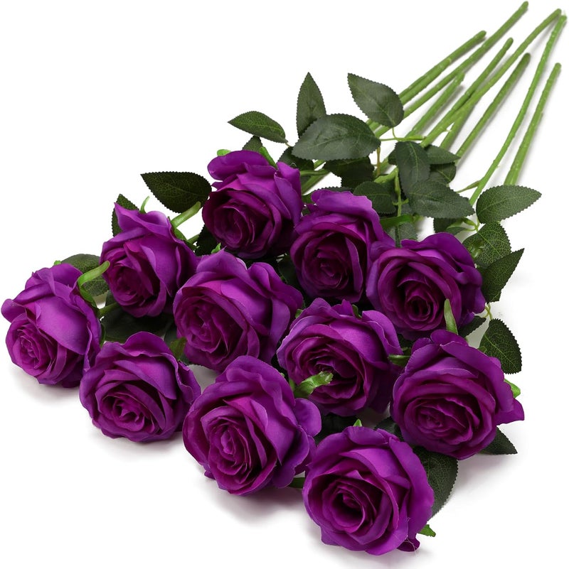 SLASA Artificial Rose Flowers 10 PCS Purple 19.68x3.15 Inch Faux Silk Long Stem Bouquet Wedding Decor Centerpiece Home Hotel Office Floral Arrangement - Image 1