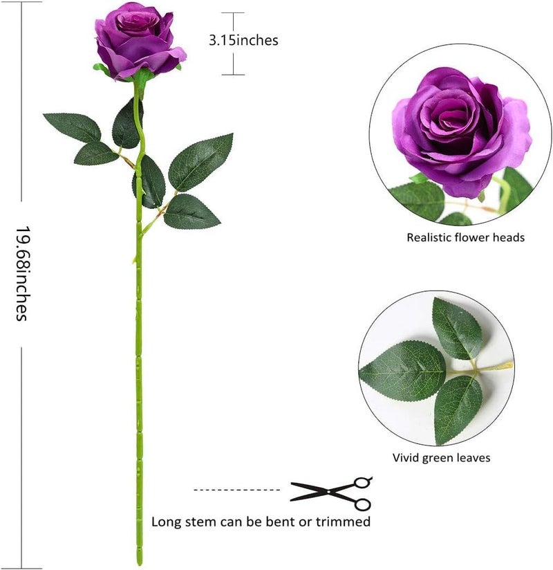 SLASA Artificial Rose Flowers 10 PCS Purple 19.68x3.15 Inch Faux Silk Long Stem Bouquet Wedding Decor Centerpiece Home Hotel Office Floral Arrangement - Image 5