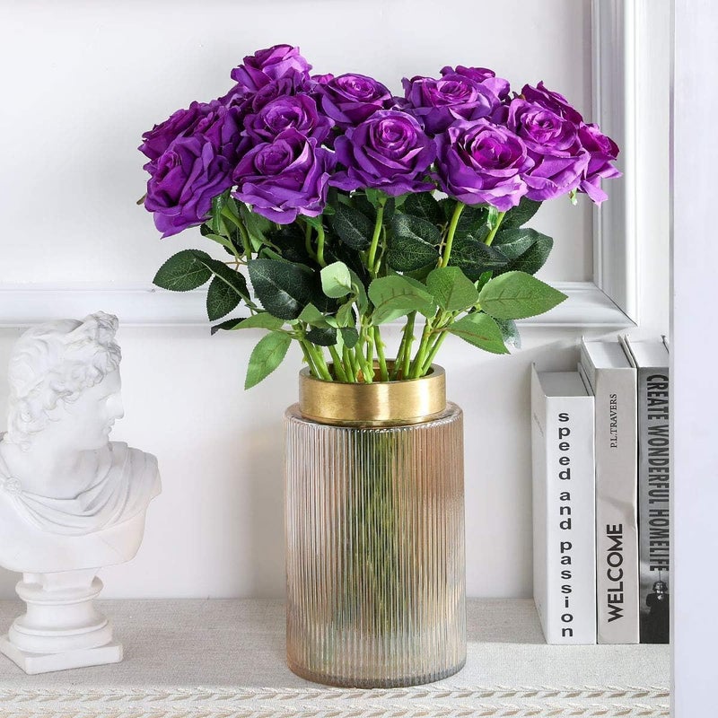 SLASA Artificial Rose Flowers 10 PCS Purple 19.68x3.15 Inch Faux Silk Long Stem Bouquet Wedding Decor Centerpiece Home Hotel Office Floral Arrangement - Image 2
