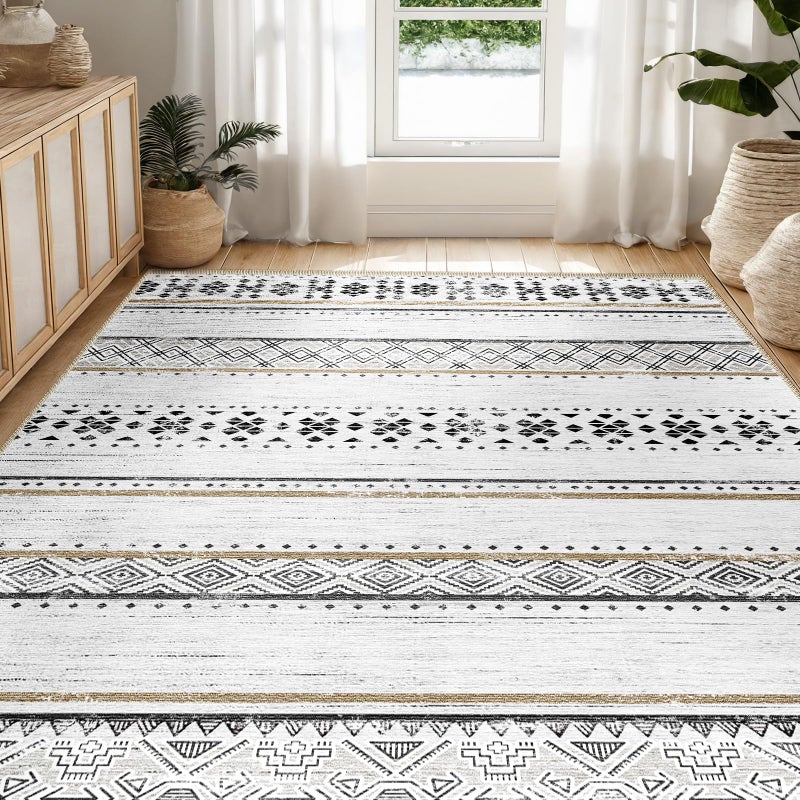 BESTSWEETIE 6x9 Area Rugs for Living Room Washable Moroccan Farmhouse Neutral Geometric Low Pile Non-Slip Soft Print Pattern Rug for Bedroom Kitchen Dining Room Entryway Black/Brown - Image 1