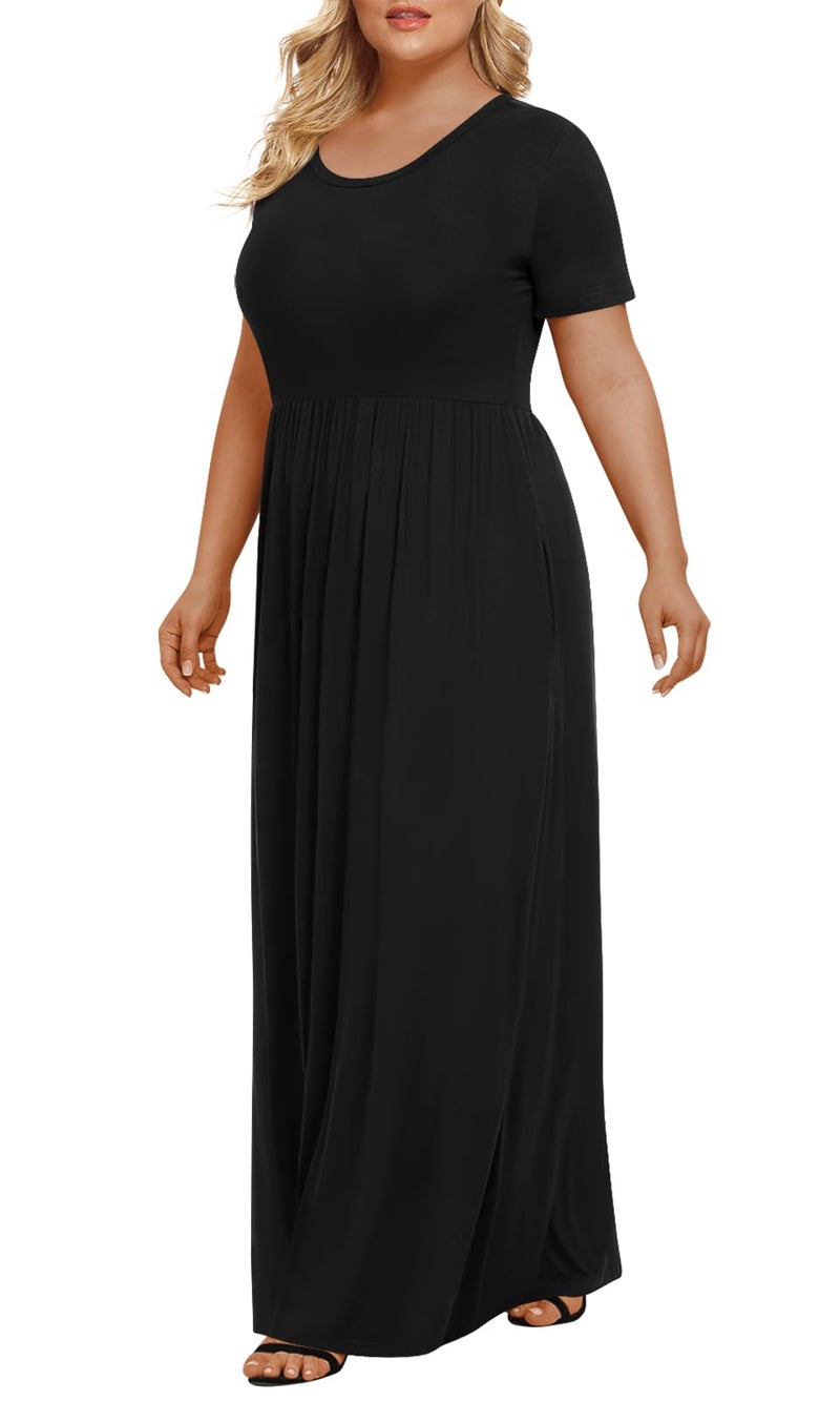 LONGYUAN Women's Plus Size Maxi Dresses for Curvy Women Summer Short Sleeve Casual 2026 Long Dress Black 4XL - Image 2