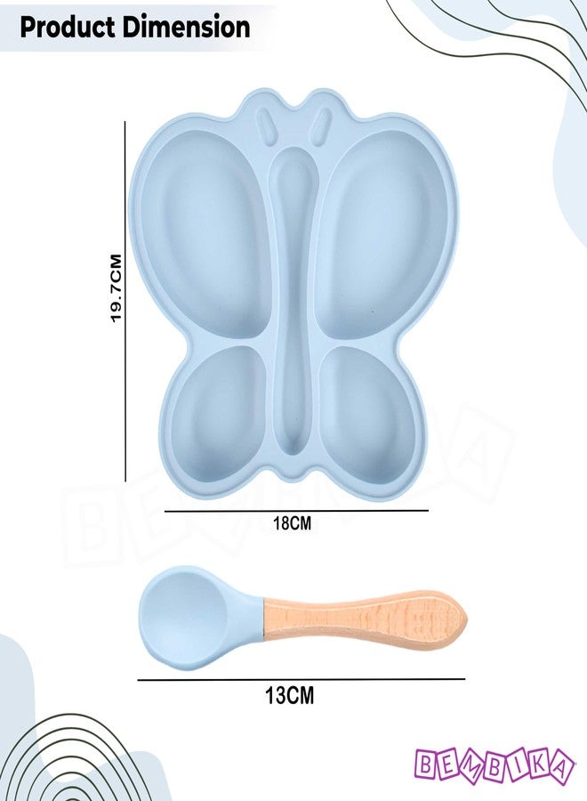 Bembika Baby Feeding Essential Baby Dinner Set Silicone Tableware Set for Baby Infant Training Eating Utensils Butterfly Design - (Pack of 2)(Sky Blue) - Image 3