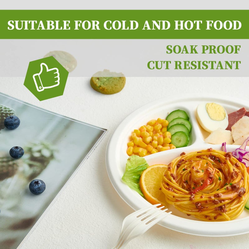 ECOLipak 150 Pack Compostable 3 Compartment Plates, 10 inch Heavy-Duty Disposable Biodegradable Sugarcane Bagasse Paper Plates for Party Dinner - Image 3
