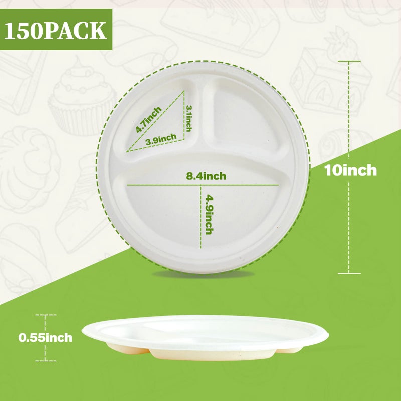 ECOLipak 150 Pack Compostable 3 Compartment Plates, 10 inch Heavy-Duty Disposable Biodegradable Sugarcane Bagasse Paper Plates for Party Dinner - Image 2