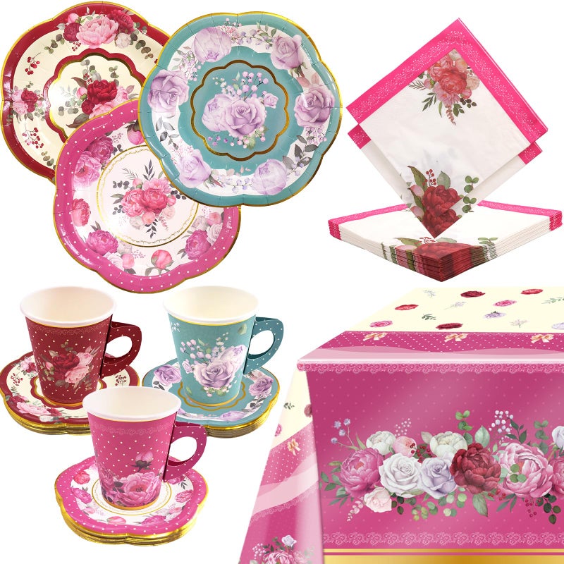WorldBazaar Tea Party Supplies Floral Party Dinnerware 12 Set Disposable Paper Tea Cups Plates Napkins Tablecloth Birthday Decorations Women Adults Kids - Image 2