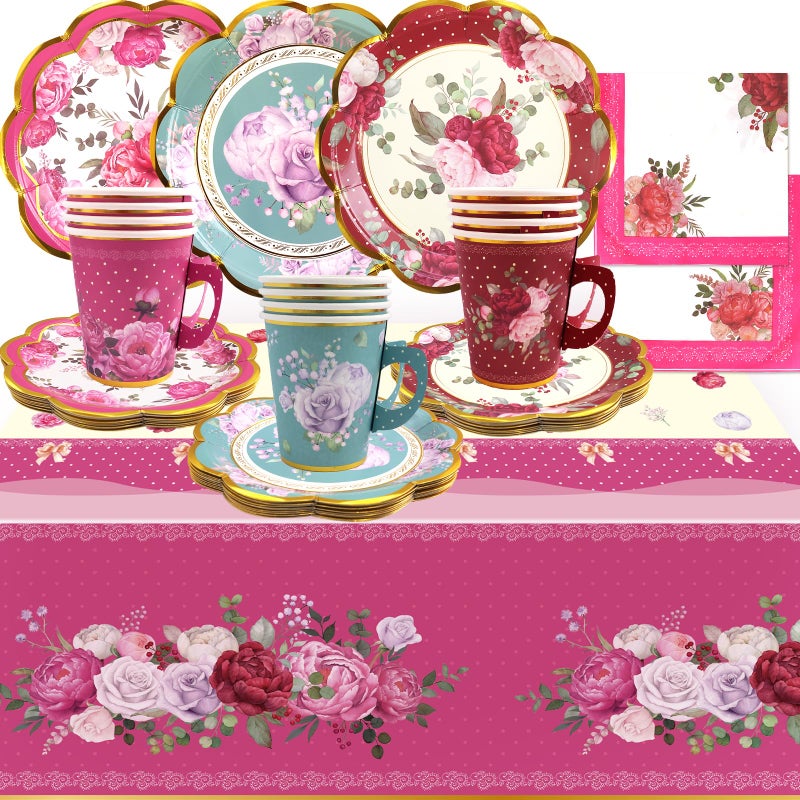 WorldBazaar Tea Party Supplies Floral Party Dinnerware 12 Set Disposable Paper Tea Cups Plates Napkins Tablecloth Birthday Decorations Women Adults Kids - Image 1
