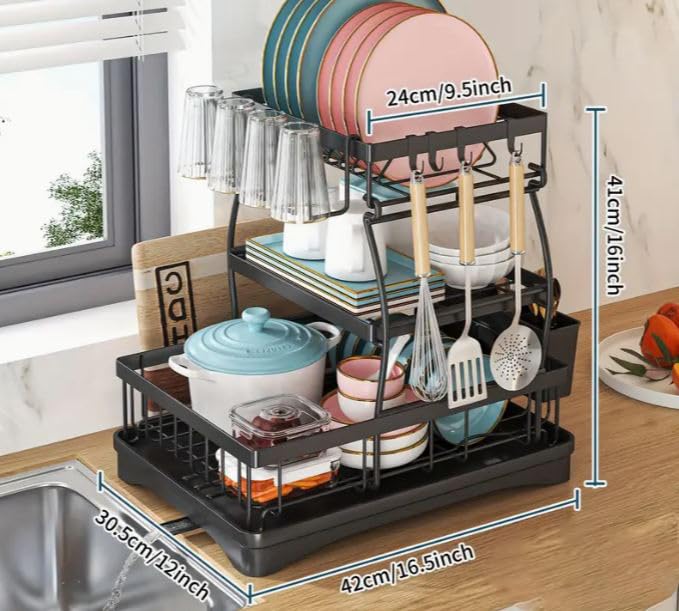 Glaceon Dish Drying Rack and Drainboard Carbon Steel Large 3 Tier Dish Rack with Autodraining Tray and Kitchen Counter Dish Drainers with Utensil Holder Cutting Board Holder - Image 2