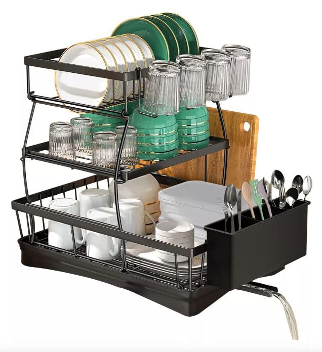 Glaceon Dish Drying Rack and Drainboard Carbon Steel Large 3 Tier Dish Rack with Autodraining Tray and Kitchen Counter Dish Drainers with Utensil Holder Cutting Board Holder - Image 1