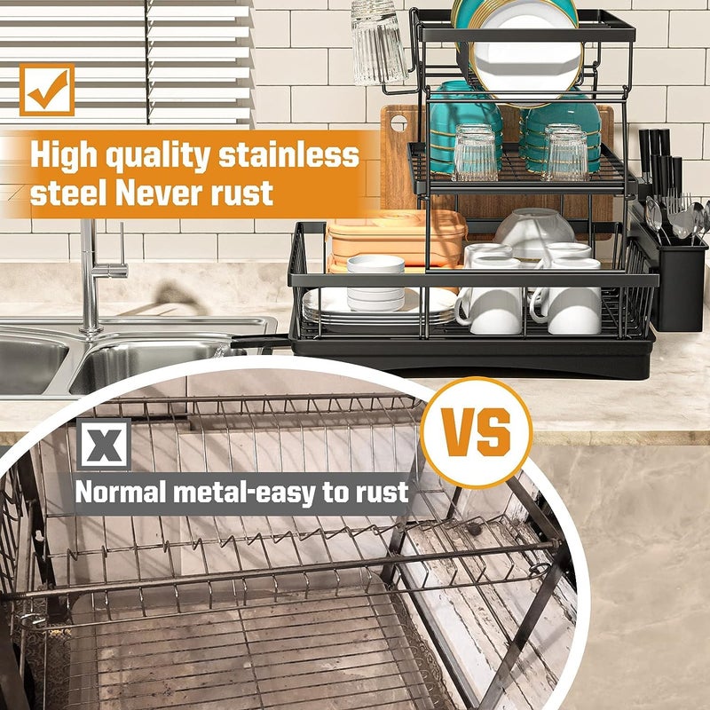 Glaceon Dish Drying Rack and Drainboard Carbon Steel Large 3 Tier Dish Rack with Autodraining Tray and Kitchen Counter Dish Drainers with Utensil Holder Cutting Board Holder - Image 5