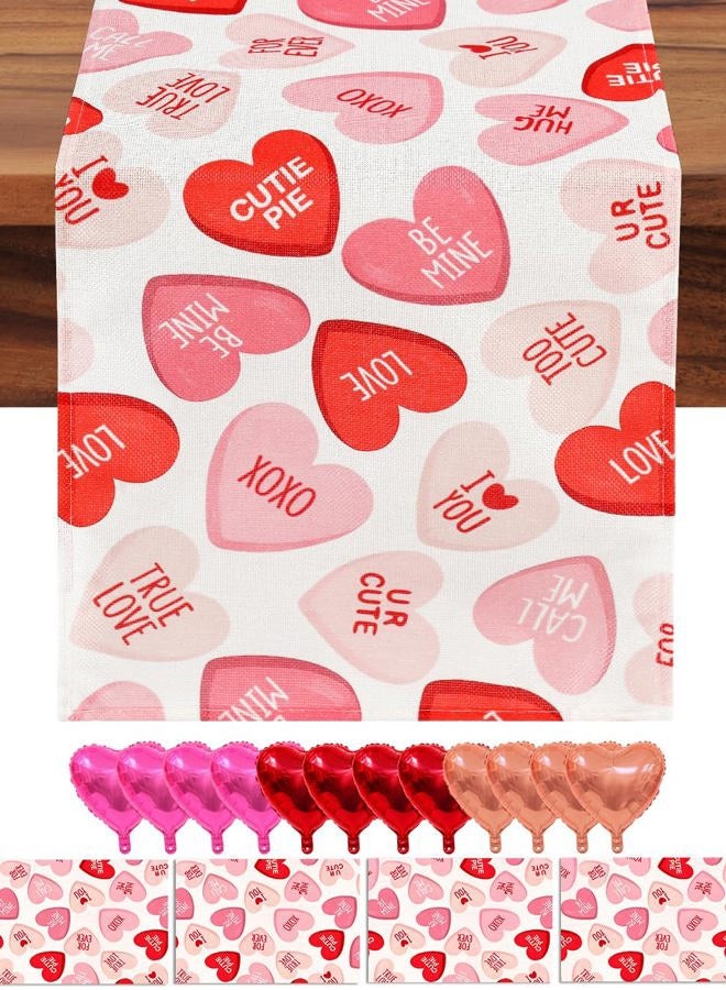 Multiwins Pink Ture Love Heart Valentine's Day Table Runner 13"x72" & 4 Pcs 12"x18" Placemats Sets with 12 Heart Balloons, Love Letter Balloons, Stickers & Blowing Straw for Home Party Decor - Image 1