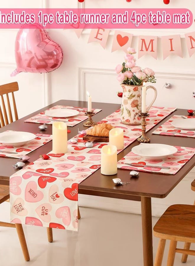Multiwins Pink Ture Love Heart Valentine's Day Table Runner 13"x72" & 4 Pcs 12"x18" Placemats Sets with 12 Heart Balloons, Love Letter Balloons, Stickers & Blowing Straw for Home Party Decor - Image 3