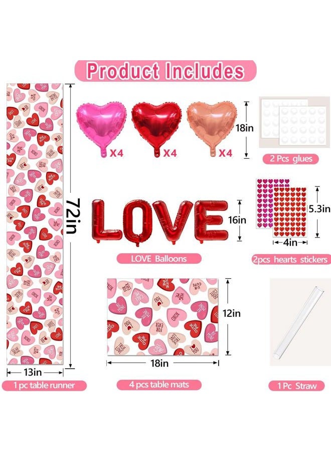 Multiwins Pink Ture Love Heart Valentine's Day Table Runner 13"x72" & 4 Pcs 12"x18" Placemats Sets with 12 Heart Balloons, Love Letter Balloons, Stickers & Blowing Straw for Home Party Decor - Image 2