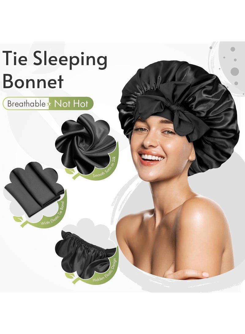 Goolsky Satin Bonnet Silky Bonnet With Elastic Tie Band Adjustable Straps Hair Bonnet Jumbo Size For Sleeping Satin Bonnet Stretchy Tie Band For Women Long Curly Braid Hair - Bathroom Accessories - Image 2