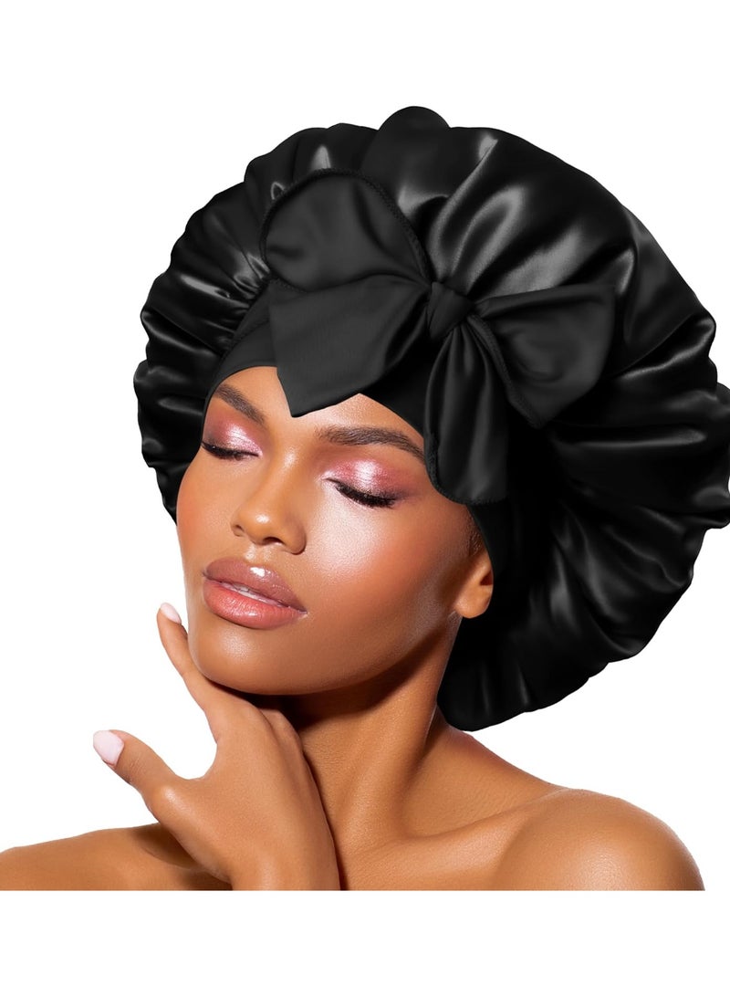 Goolsky Satin Bonnet Silky Bonnet With Elastic Tie Band Adjustable Straps Hair Bonnet Jumbo Size For Sleeping Satin Bonnet Stretchy Tie Band For Women Long Curly Braid Hair - Bathroom Accessories - Image 1