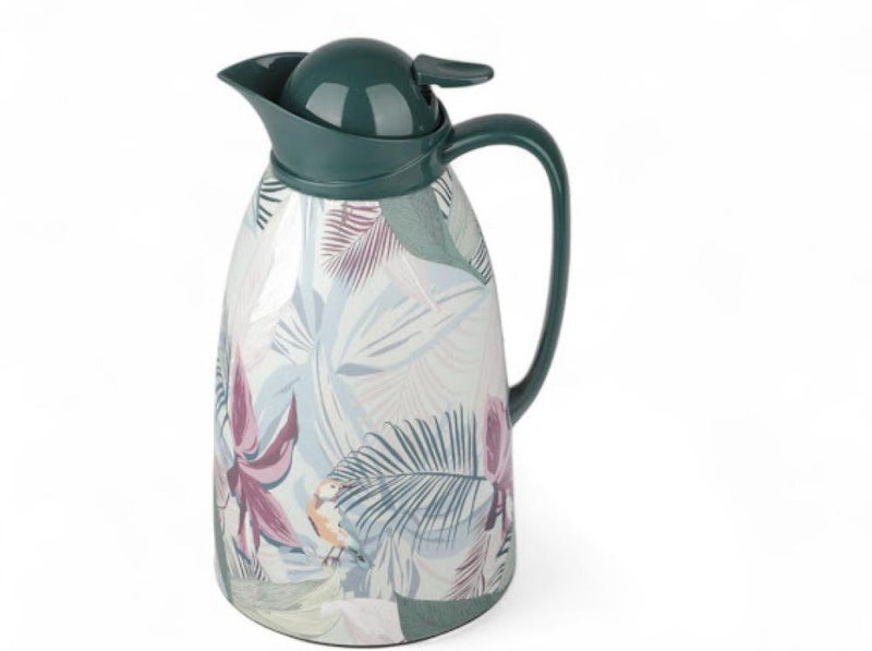 Bister Thermal Coffee Pot 1 Liter – Insulated Carafe with Tropical Leaf & Floral Design, Green Lid & Handle for Hot & Cold Beverages - Image 1