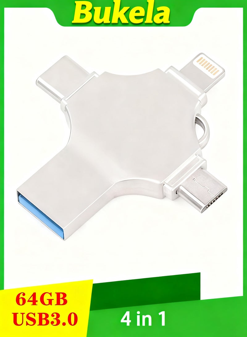 كيلا محرك أقراص فلاش USB USB C ذاكرة فلاش 64 جيجابايت 4 في 1 محرك أقراص متعدد الوظائف مع منافذ Micro USB Type-C لأجهزة Android الذكية Iphone Pad MacBook والكمبيوتر المحمول - Image 1