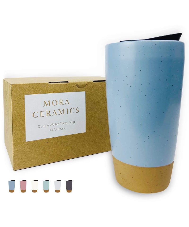 Mora Double Wall Ceramic Coffee Travel Mug with Lid 14 oz Portable Microwave Dishwasher Safe Insulated Reusable Tall Cup Splash Resistant Lid  To Go Tumbler for Car Cup Holder Dusty Blue
