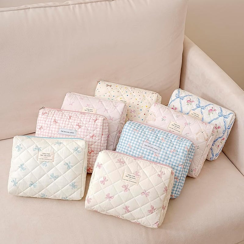 Quilted Cotton Makeup Bag,Coquette Quilted Toiletry Bag for Women and Girls,Floral Coquette Pouch,Cute Kawaii Travel Cosmetic Bags(Little Blue Bow) - Image 5