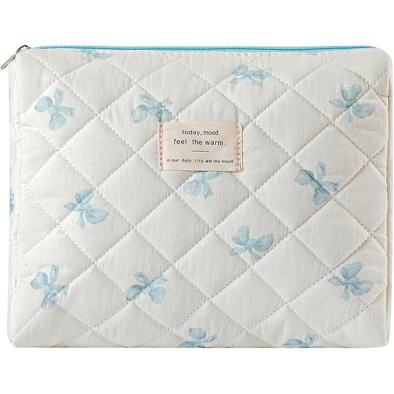 Quilted Cotton Makeup Bag,Coquette Quilted Toiletry Bag for Women and Girls,Floral Coquette Pouch,Cute Kawaii Travel Cosmetic Bags(Little Blue Bow) - Image 1