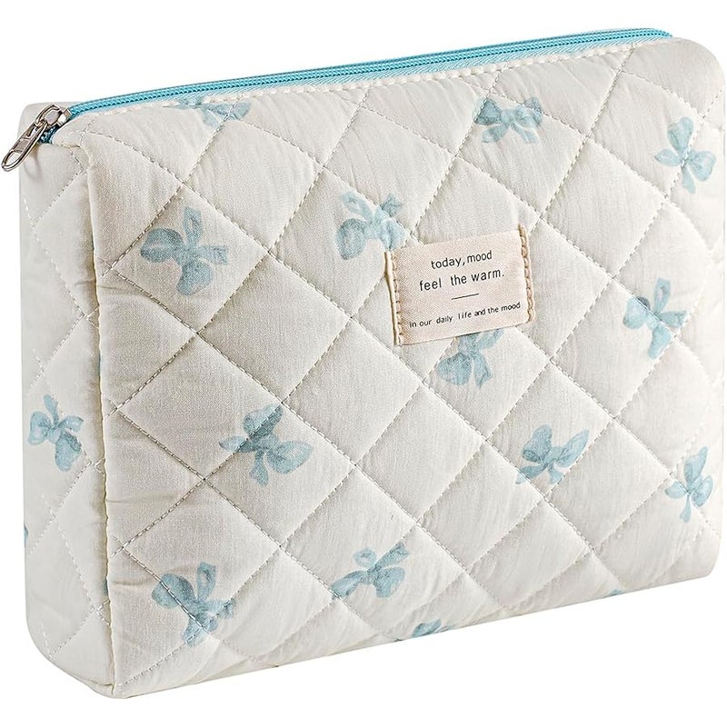 Quilted Cotton Makeup Bag,Coquette Quilted Toiletry Bag for Women and Girls,Floral Coquette Pouch,Cute Kawaii Travel Cosmetic Bags(Little Blue Bow) - Image 2