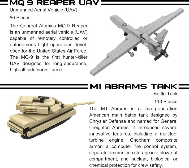 Apostrophe Games 5 Military Building Block Sets (665 Pieces) F-22 Raptor, M1 Abrams Tank, Black Hawk Helicopter, Reaper UAV and Humvee Army Truck Scale Models for Kids and Adults - Image 4