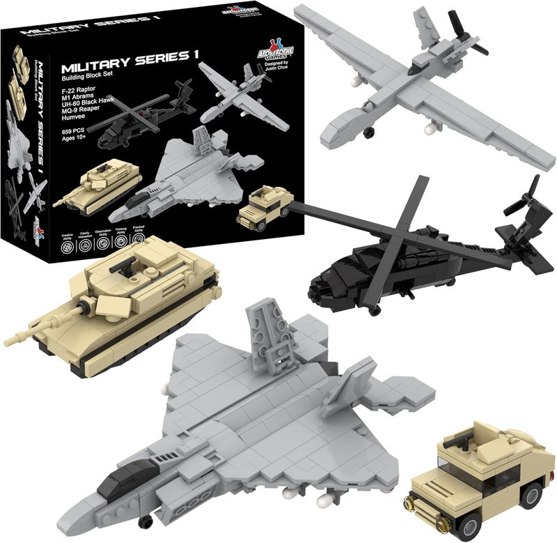 Apostrophe Games 5 Military Building Block Sets (665 Pieces) F-22 Raptor, M1 Abrams Tank, Black Hawk Helicopter, Reaper UAV and Humvee Army Truck Scale Models for Kids and Adults - Image 1