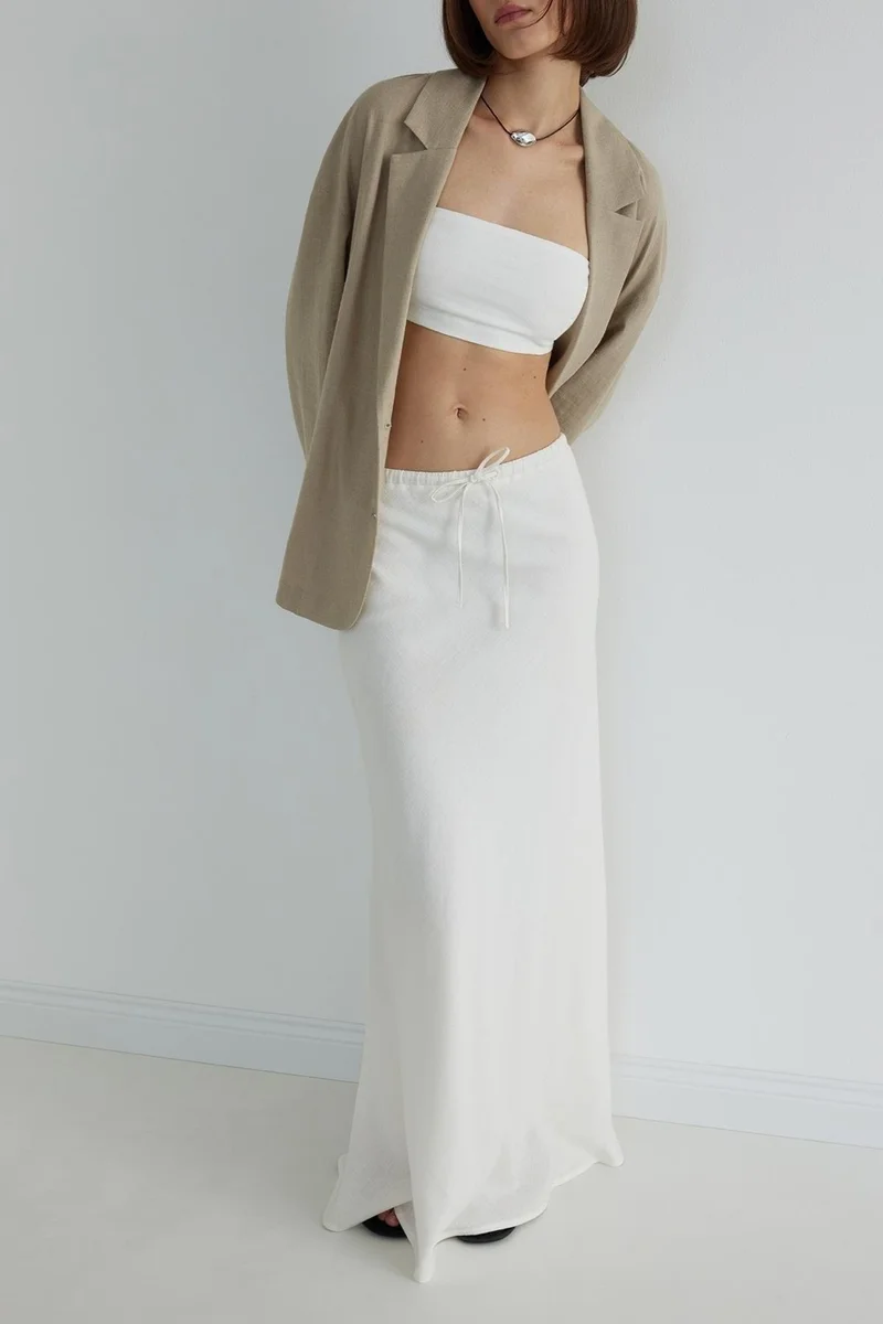 Suud Collection White Merve Linen Maxi Skirt