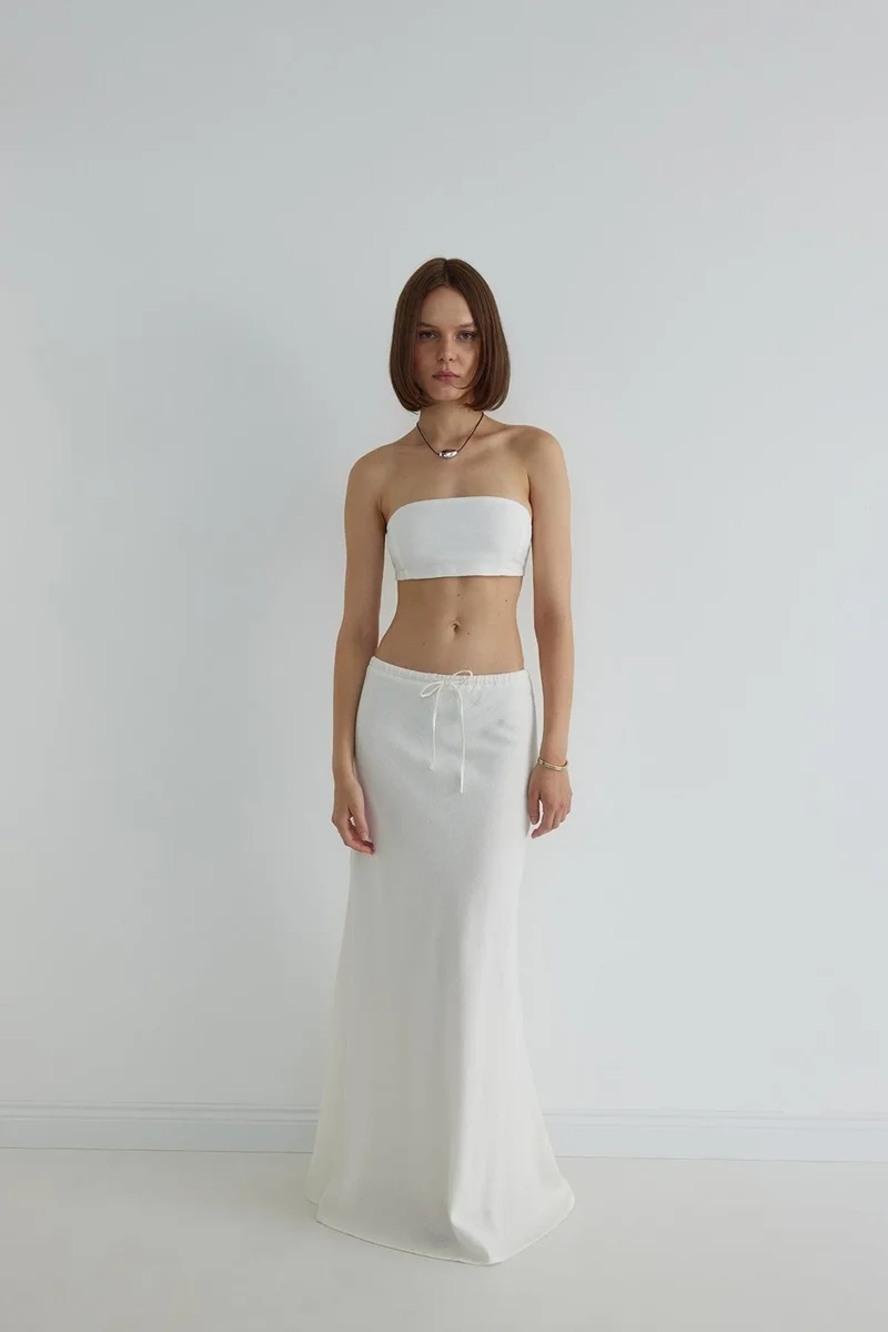 Suud Collection White Merve Linen Maxi Skirt