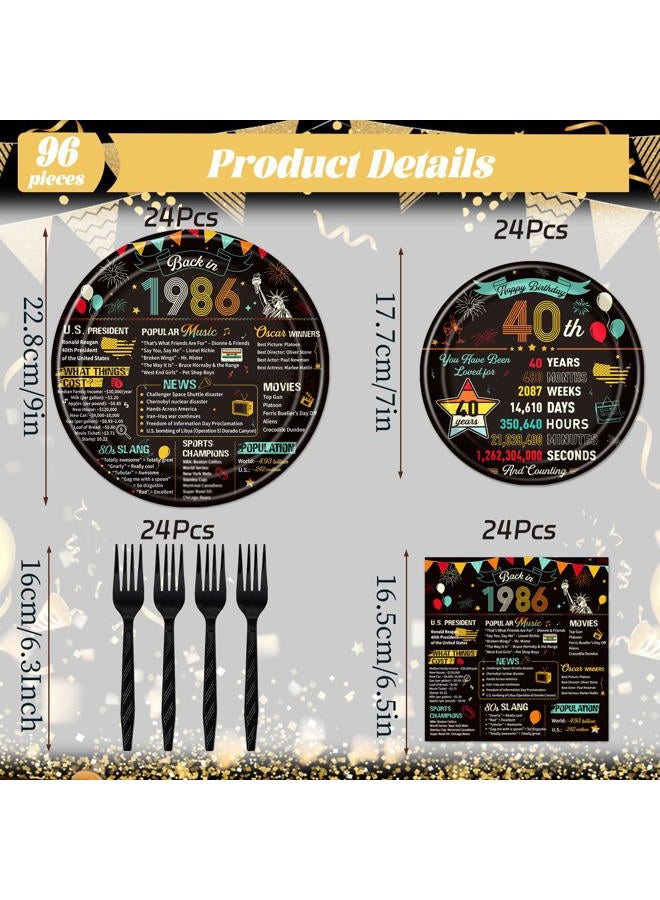 Refavor 40th Birthday Plates and Napkins, 96PCS Vintage 40th Birthday Party Decorations Supplies for Women Men, Back in 1986 Cheers to 40 Years Disposable Tableware Set Serve 24 - Image 2