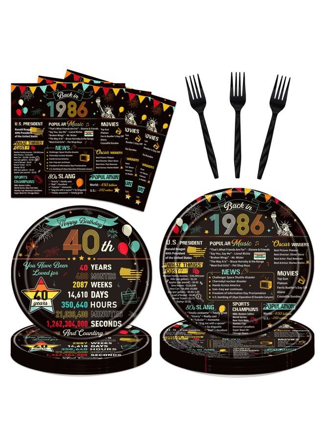 Refavor 40th Birthday Plates and Napkins, 96PCS Vintage 40th Birthday Party Decorations Supplies for Women Men, Back in 1986 Cheers to 40 Years Disposable Tableware Set Serve 24 - Image 1