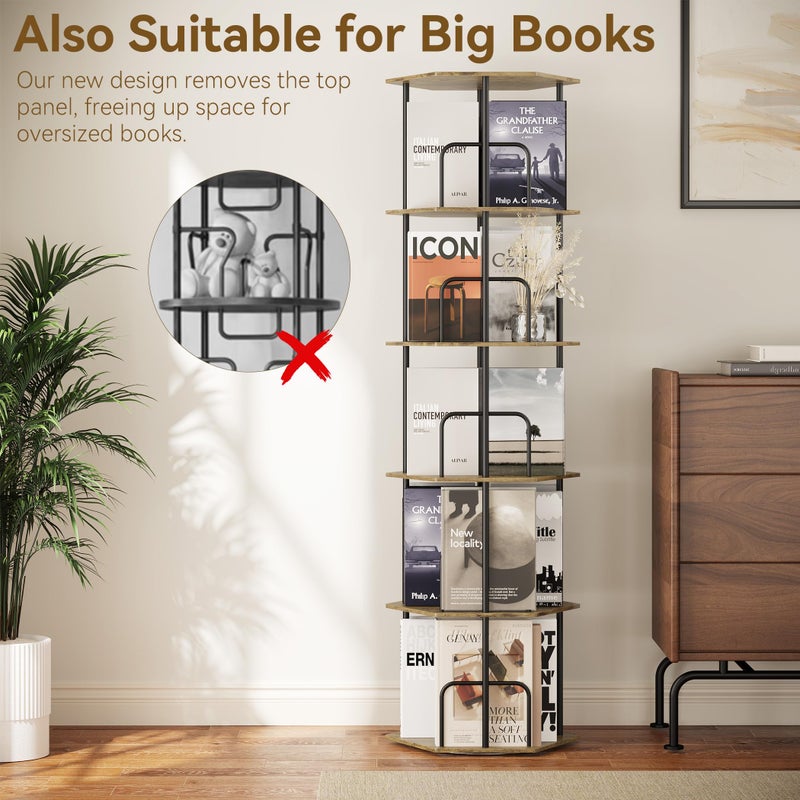 SUNMORY 5 Tier Rotating Bookshelf Tower, Revolving 360 Â° Spinning Bookcase, Hexagonal Corner Book Shelf Storage Carousel, Vertical Rotate Turning Organizer Book Shelves for Living Room Office Bedroom - Image 4