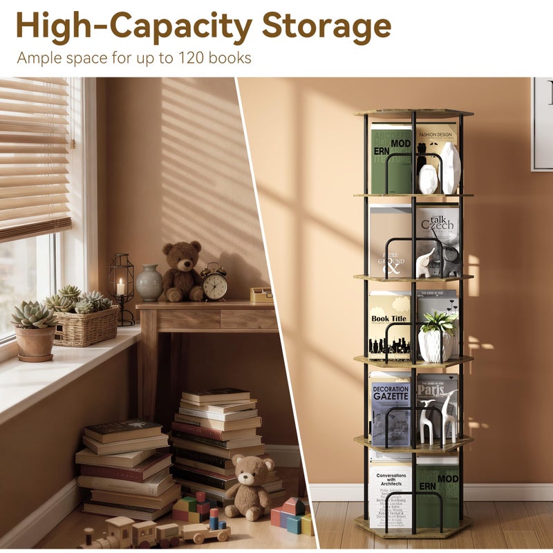 SUNMORY 5 Tier Rotating Bookshelf Tower, Revolving 360 Â° Spinning Bookcase, Hexagonal Corner Book Shelf Storage Carousel, Vertical Rotate Turning Organizer Book Shelves for Living Room Office Bedroom - Image 3